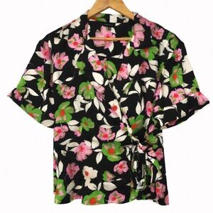 Who What Wear Floral Wrap Tie Blouse Top Black Pink Green | XXL